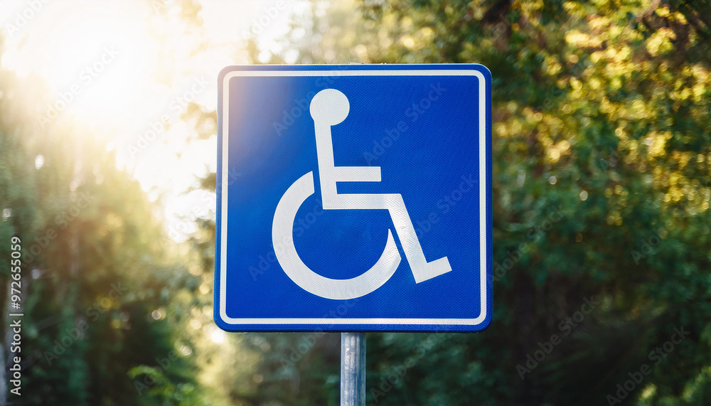 Blue disabled road sign against natural backdrop of green trees. Blue disabled road sign against natural backdrop of green trees.