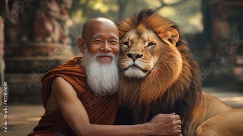 A wise monk embraces a majestic lion in an ancient temple, showcasing the bond between human compassion and wild nature during a serene day photo