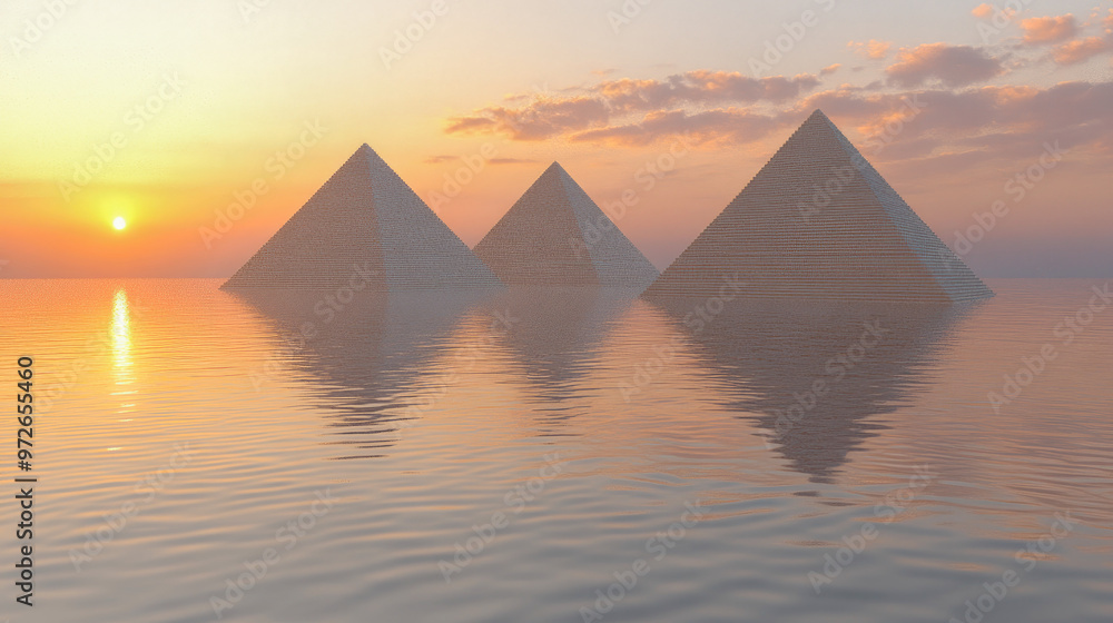 Fototapeta premium Three grand pyramids beautifully reflecting in the still water during a breathtaking sunset, blending ancient architecture with nature's beauty.