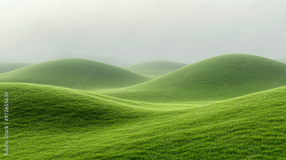 Simple and serene rolling green hills under a foggy sky, showcasing the beauty of minimalistic landscape with tranquility and calmness. Simple and serene rolling green hills under a foggy sky, showcasing the beauty of minimalistic landscape with tranquility and calmness.