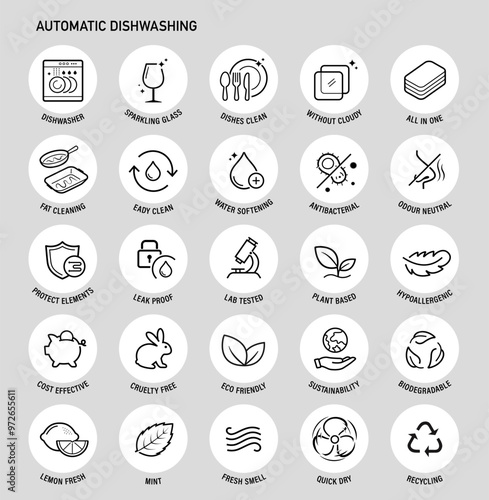 Set icons for automatic dishwashing. The outline icons are well scalable and editable. Contrasting vector elements are good for different backgrounds. EPS10.
