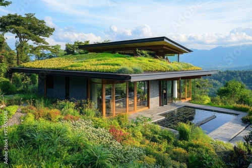 Self-sustaining home with a lush green roof and rainwater harvesting system