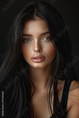 A close-up portrait capturing a young woman with long dark hair and striking features, highlighting her intense gaze, smooth skin, and subtle makeup in soft lighting