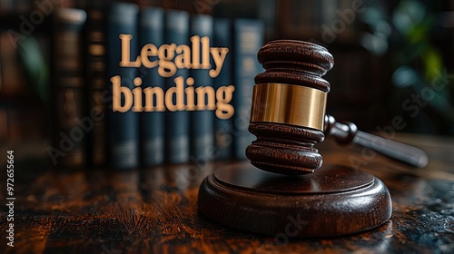 A gavel placed on a polished wooden table with several legal books behind it, and the words 'Legally binding' prominently displayed in the background.
