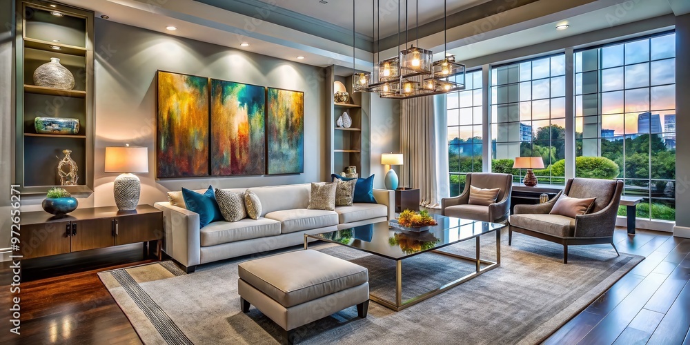 Professionally-styled modern living room with sleek furniture, vibrant artwork, and elegant lighting fixtures, Professionally-styled modern living room with sleek furniture, vibrant artwork, and elegant lighting fixtures,