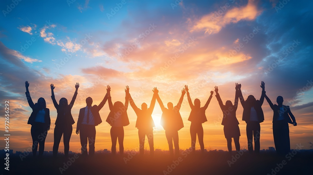 Silhouettes of People Raising Hands in Unity Against a Sunset Sky Silhouettes of People Raising Hands in Unity Against a Sunset Sky