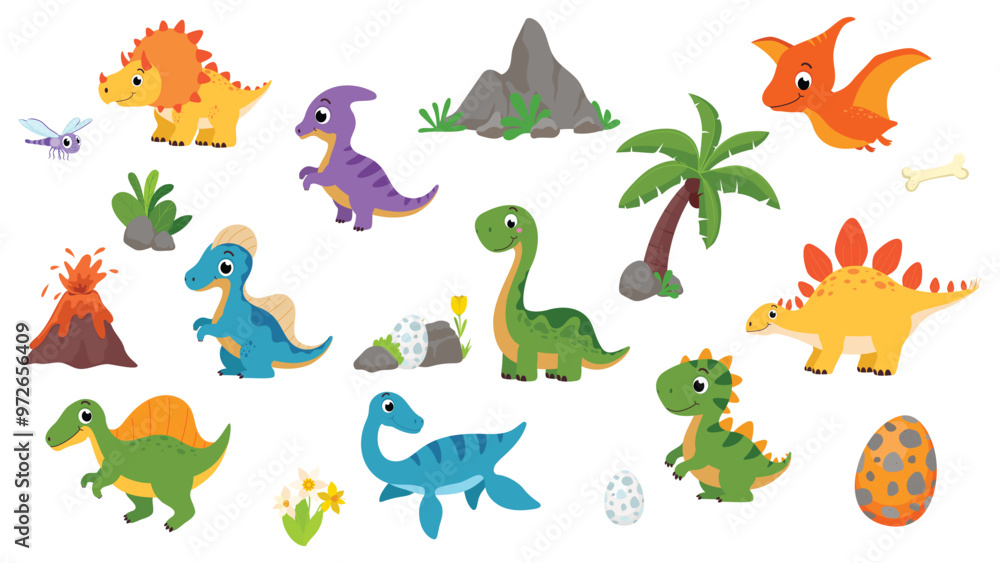 Set of cute dinosaur cartoon, isolated on white background Set of cute dinosaur cartoon, isolated on white background