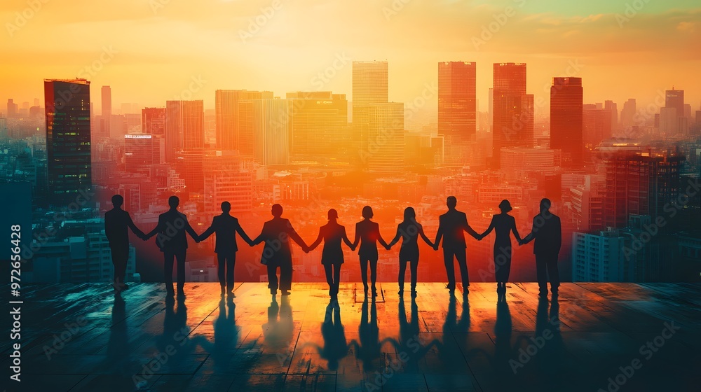 Fototapeta premium Silhouetted Figures Holding Hands with Cityscape Background at Sunset