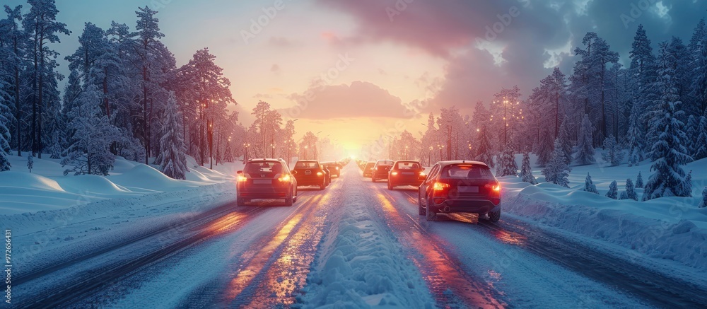 Fototapeta premium Snowy Forest Road at Sunset with Cars