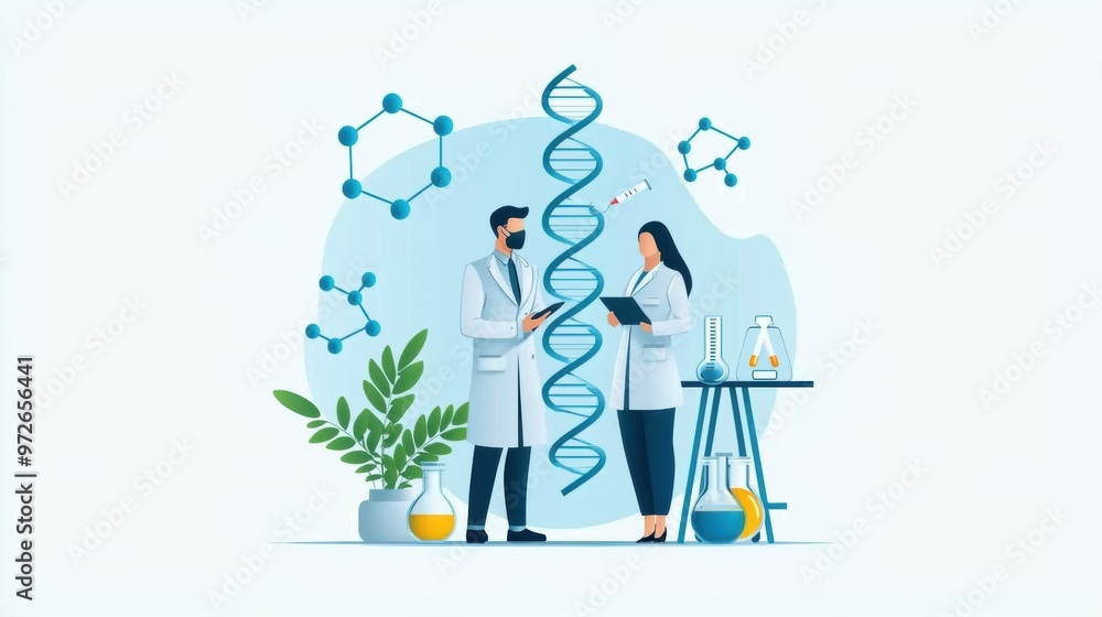Fototapeta premium Animal gene editing process, CRISPR technology depiction, flat design illustration