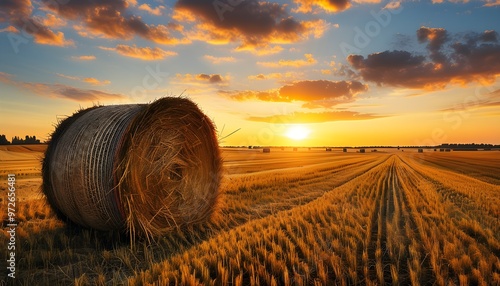 Golden Sunset Over Rolling Fields with Hay Bales in a Serene Agricultural Landscape