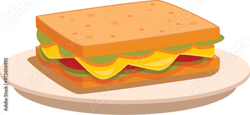 Simple vector illustration of a toasted sandwich with cheese, tomatoes and lettuce on a plate