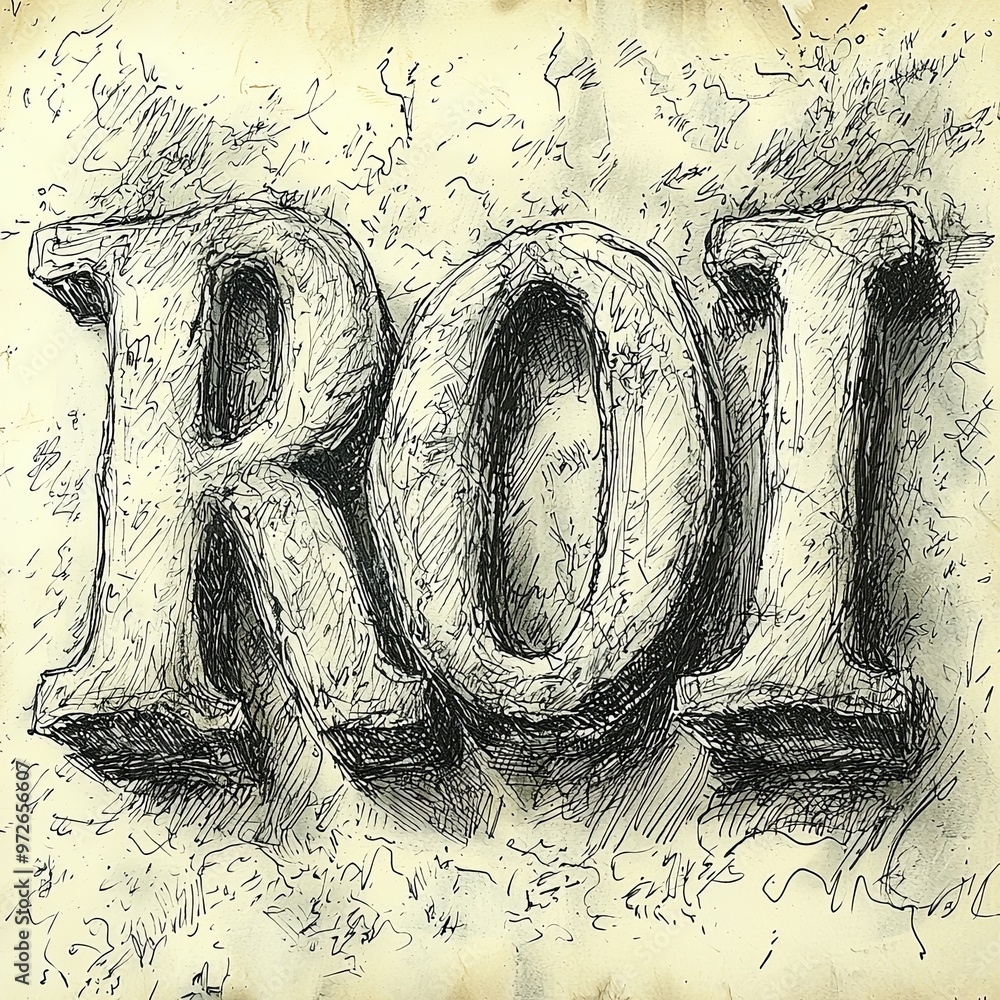Fototapeta premium An engraved-style 'ROI' text illustration presented with a stone-like texture, conveying solidity and permanence, perfect for financial contexts.