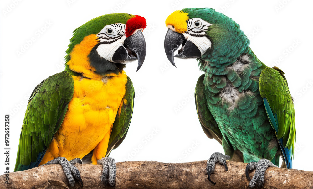 Panama Amazon and Yellow-crowned Amazon isolated on white , parrot, macaw Panama Amazon and Yellow-crowned Amazon isolated on white , parrot, macaw