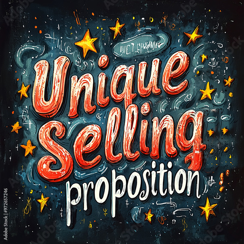 A vibrant 'Unique Selling Proposition' graphic adorned with lively colors, swirling patterns, and star elements, emphasizing the uniqueness and attractiveness of the message conveyed. photo