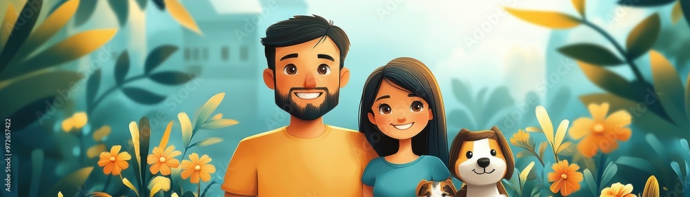 A happy family portrait in a vibrant garden with flowers, featuring a man, a girl, and a cheerful dog. A happy family portrait in a vibrant garden with flowers, featuring a man, a girl, and a cheerful dog.