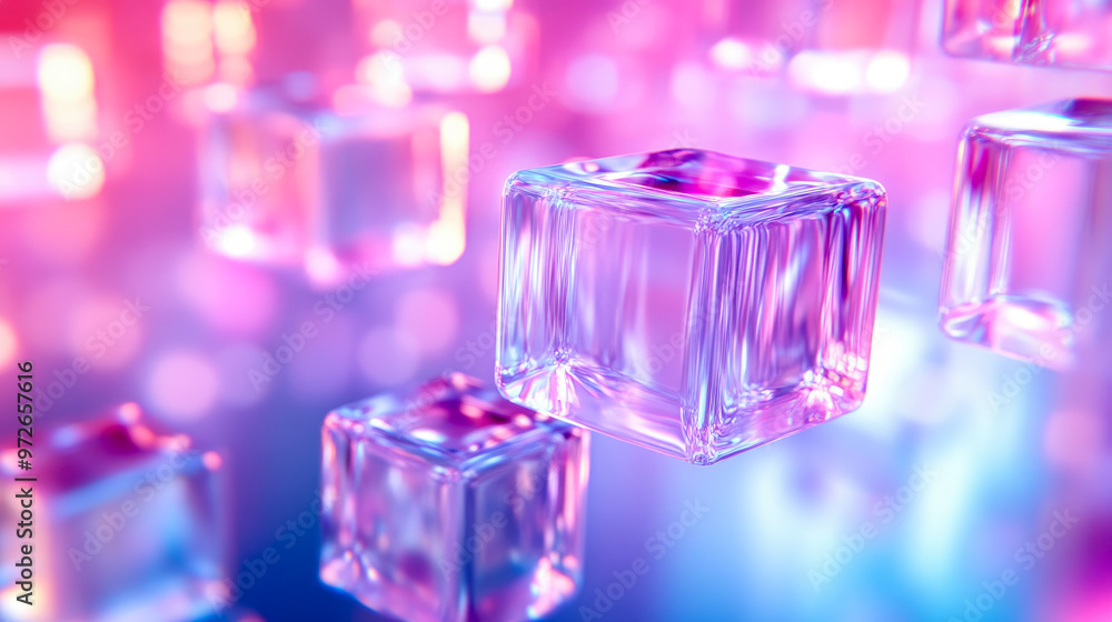 A mesmerizing image of transparent glass cubes floating in a glowing, colorful background, blending modernity and elegance in art. A mesmerizing image of transparent glass cubes floating in a glowing, colorful background, blending modernity and elegance in art.