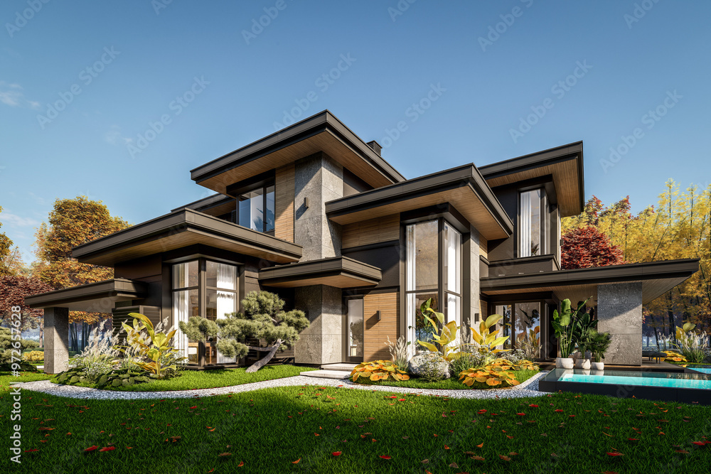 3d rendering of modern two story house with gray and wood accents, large windows, parking space in the right side of the building, surrounded by trees and bushes, daylight in autumn day 3d rendering of modern two story house with gray and wood accents, large windows, parking space in the right side of the building, surrounded by trees and bushes, daylight in autumn day