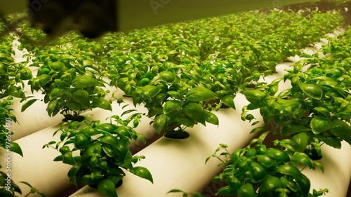 Hydroponic In The Greenhouse Herb Plantation With Watering System. Purple Light Hydroponic In The Vast Greenhouse Aquaculture Herb Plantation With Watering System In Purple Light. Generative AI