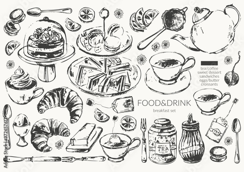 Hand drawn vector food ink sketch illustration. Tea, coffee, breakfast croissant, egg, butter, sweet dessert, cake stand, teapot, cup, sieve, sugar bowl, sandwiches