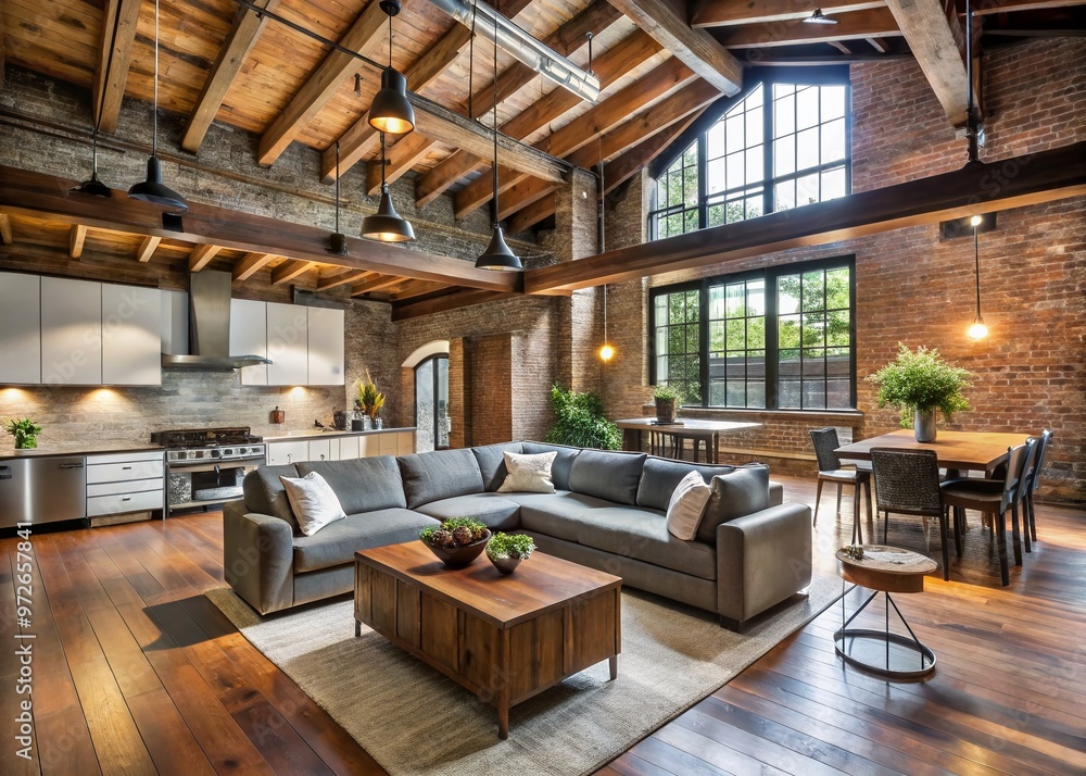 Renovated coach house, formerly a horse stable, now a modern living space with exposed brick, wooden beams, and Renovated coach house, formerly a horse stable, now a modern living space with exposed brick, wooden beams, and