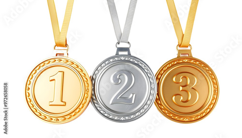 Gold, silver and bronze medals on a transparent background. 3d rendering.