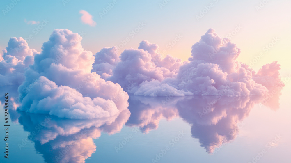 A scenic view of fluffy clouds reflected on calm water during a serene sunrise, creating a dreamy and tranquil landscape with soft colors. A scenic view of fluffy clouds reflected on calm water during a serene sunrise, creating a dreamy and tranquil landscape with soft colors.