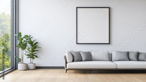 Contemporary living room with floortoceiling windows, frame mockup on wall, 3D illustration