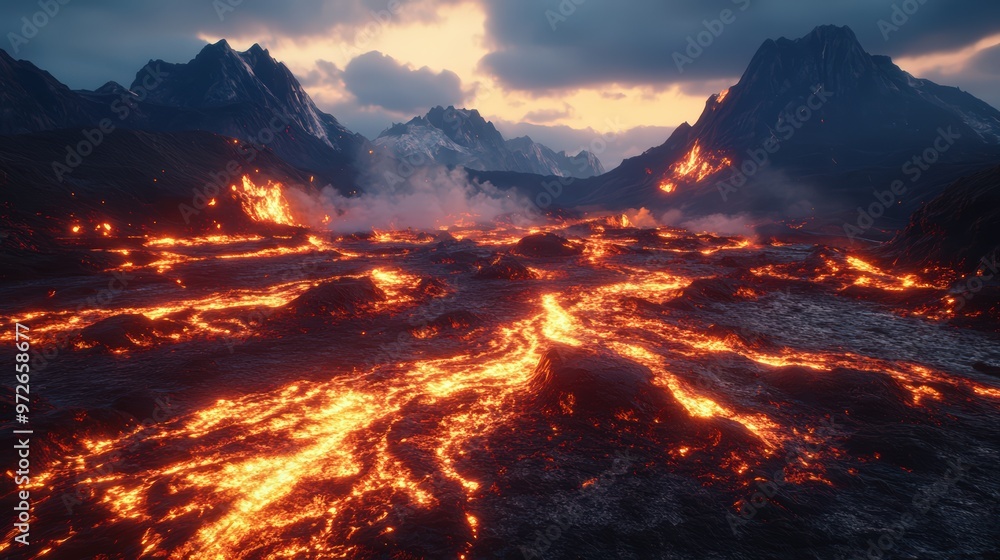 Fototapeta premium A dramatic view of a volcano erupting with lava streams and smoke
