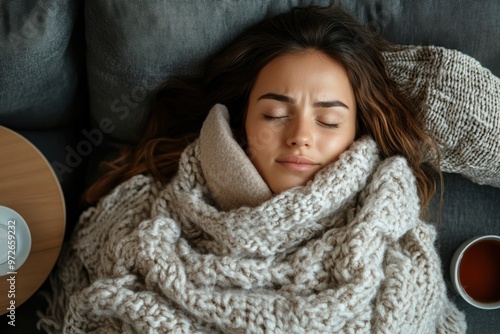 A serene woman lies resting peacefully under a thick, cozy blanket, enveloped in warmth and comfort, sipping a hot drink in an intimate, calm ambiance.