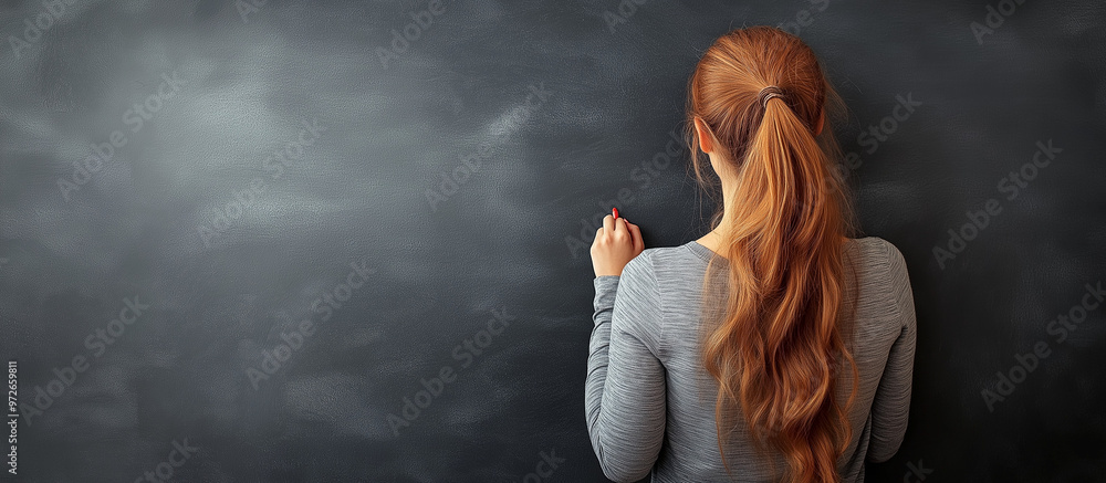 Woman writing on a blackboard with chalk, seen from behind. Woman writing on a blackboard with chalk, seen from behind.