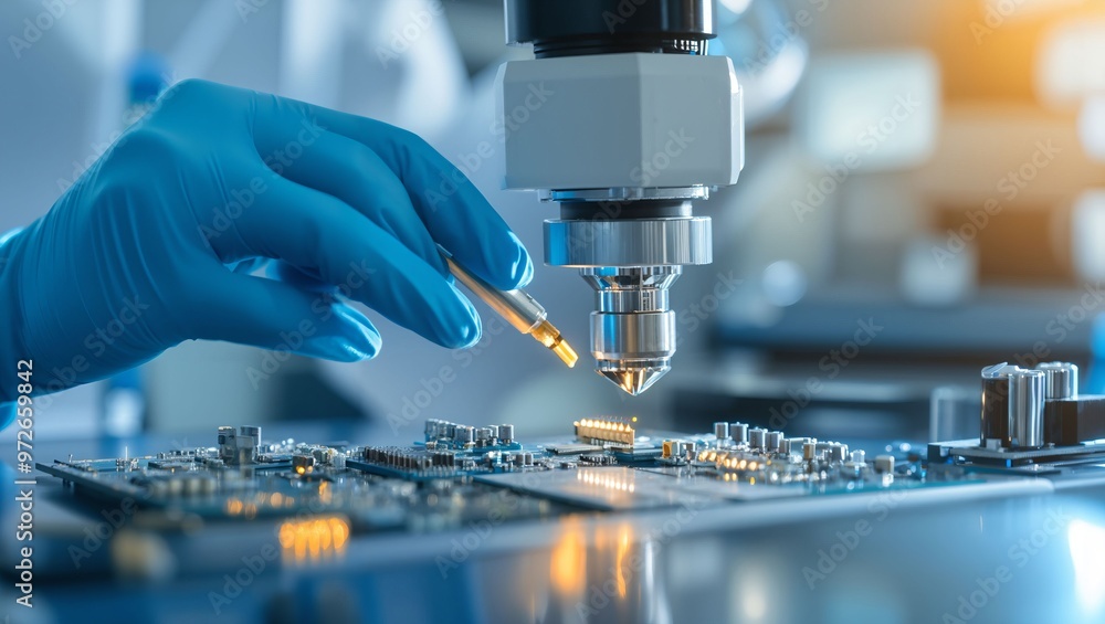 Precision and Innovation: A Close-Up of a Technician Gently Applying Liquid to a Circuit Board Under a Microscope, Capturing the Essence of Modern Technology and Science. Precision and Innovation: A Close-Up of a Technician Gently Applying Liquid to a Circuit Board Under a Microscope, Capturing the Essence of Modern Technology and Science.