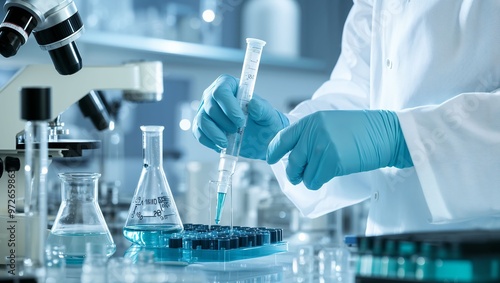 Precision in Action: A Passionate Lab Technician Conducting an Experiment with Vials and Test Tubes, Capturing the Essence of Scientific Discovery and Innovation.