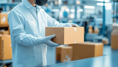 A dedicated warehouse worker, clad in a protective white coat and mask, carefully handles a cardboard box amidst a bustling facility, showcasing professionalism and diligence.