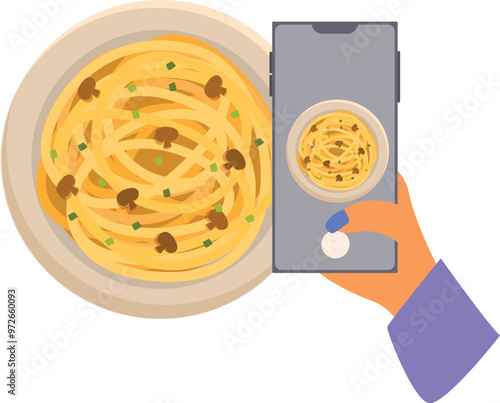 Woman using a smartphone to take a picture of delicious pasta with mushrooms and herbs