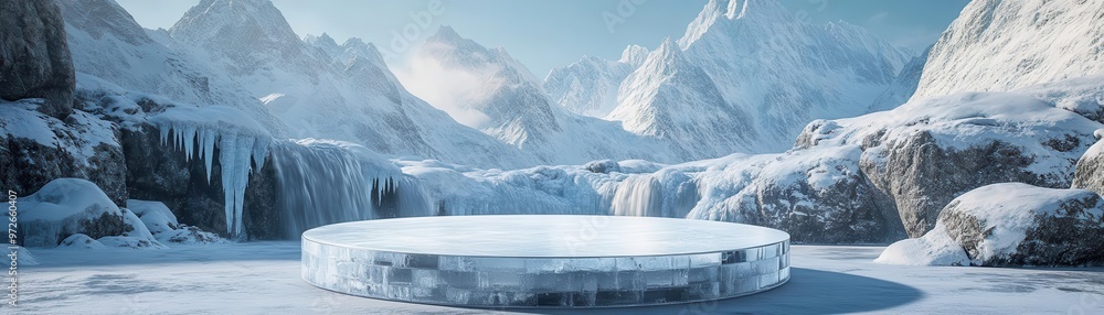 Polished ice podium surrounded by snow-covered peaks and frozen waterfalls, elegant product presentation, snowy mountain scene Polished ice podium surrounded by snow-covered peaks and frozen waterfalls, elegant product presentation, snowy mountain scene