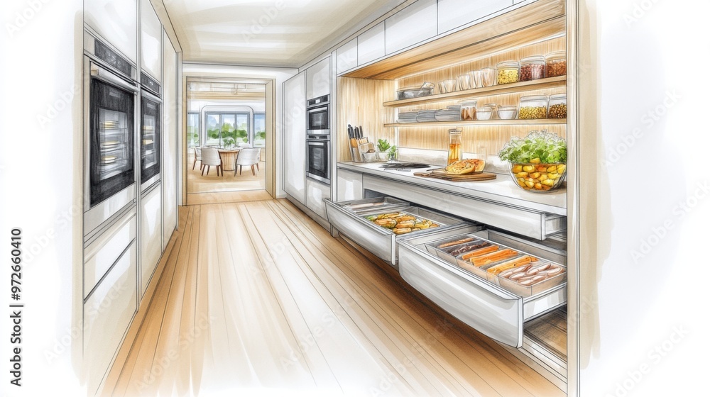 A drawing of a kitchen with lots and lots of food, AI A drawing of a kitchen with lots and lots of food, AI