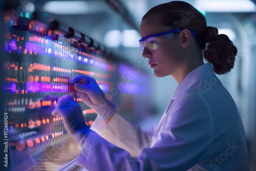 A woman in protective glasses organizes test tubes with substances in a scientific laboratory