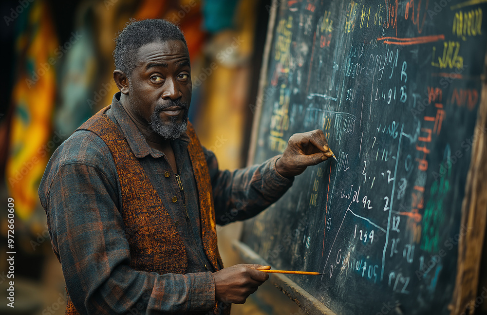African Male Teacher Writing on a Blackboard in a Classroom Setting African Male Teacher Writing on a Blackboard in a Classroom Setting