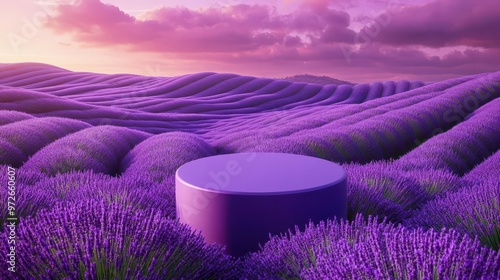 Purple podium with clean lines, set on rolling hills of lavender under a purple-hued sky, luxury product display, lavender landscape