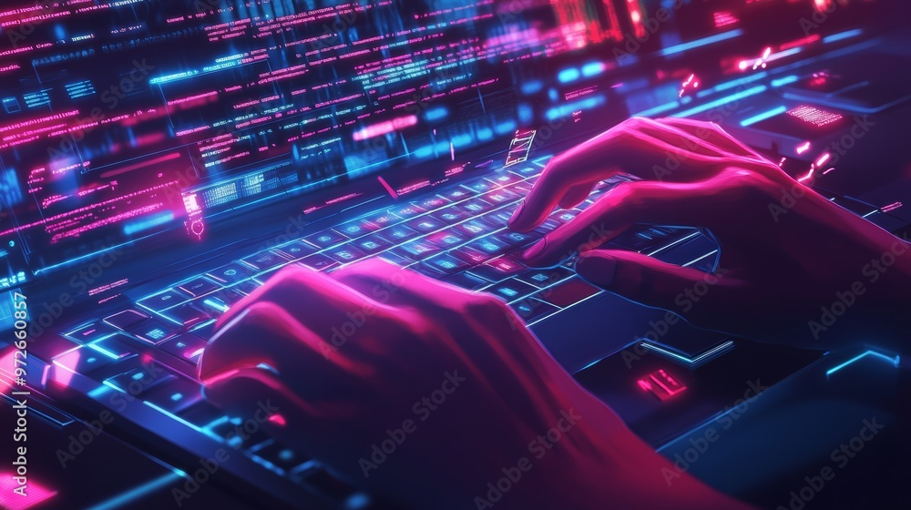 Close-up of hands typing on a glowing keyboard with neon blue and pink code streams. Represents energy and focus in coding. Close-up of hands typing on a glowing keyboard with neon blue and pink code streams. Represents energy and focus in coding.