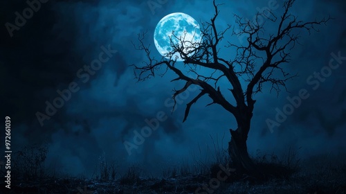 Spooky halloween background with silhouette dead tree at night full moon photo