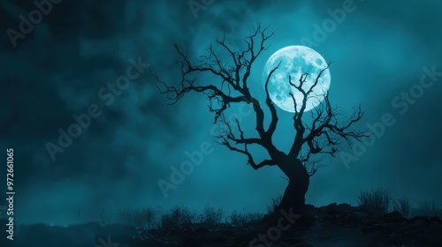 Spooky halloween background with silhouette dead tree at night full moon