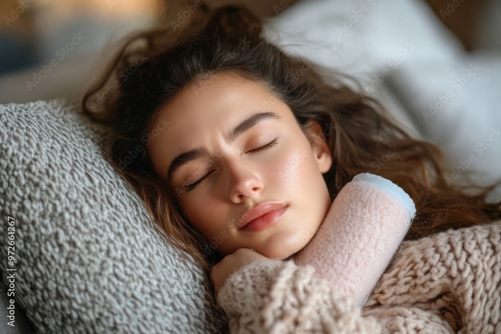 Captivating close-up image of a woman with soft curly hair, exuding peace and calmness while sleeping, suggesting an atmosphere of relaxation and tranquility. Captivating close-up image of a woman with soft curly hair, exuding peace and calmness while sleeping, suggesting an atmosphere of relaxation and tranquility.