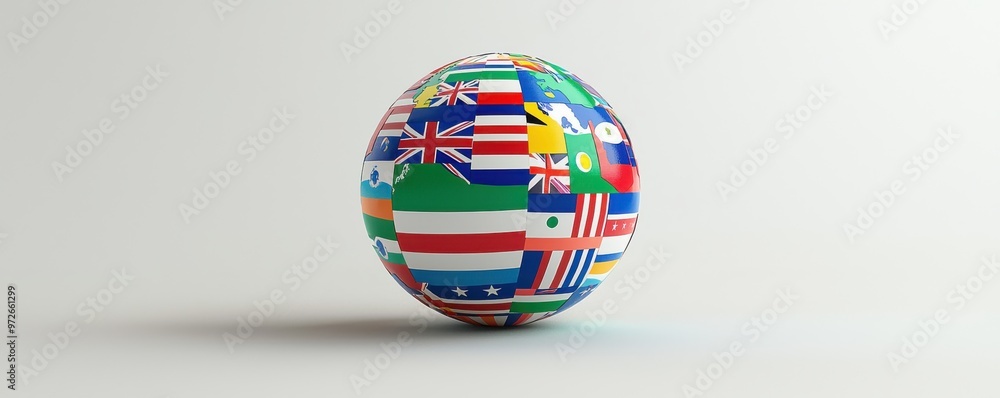 3D icon of a globe featuring diverse national flags representing global unity and international relations 3D icon of a globe featuring diverse national flags representing global unity and international relations