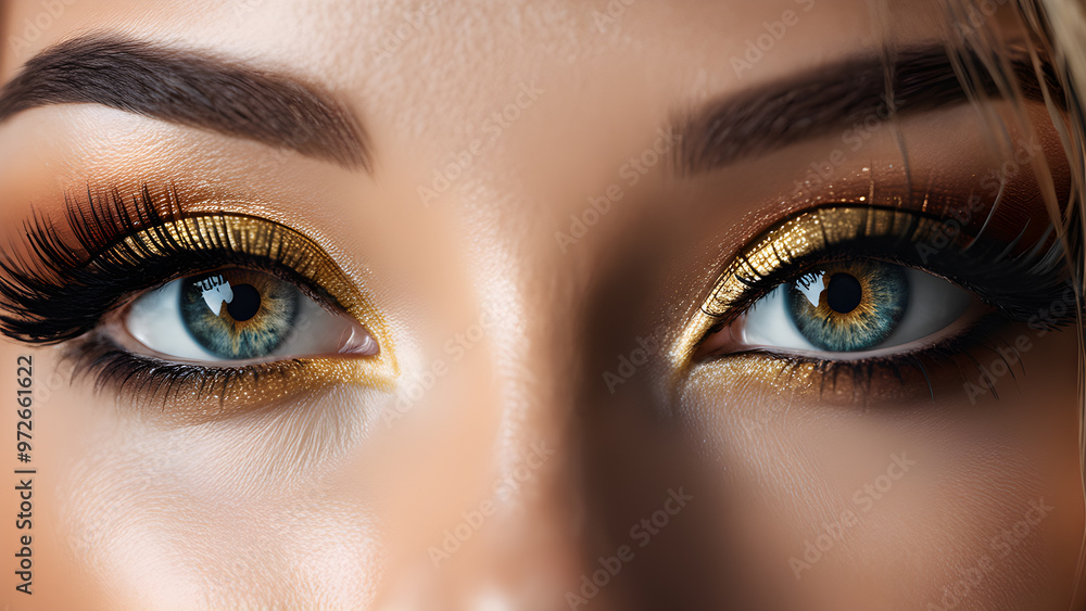 Close-up shot of beautiful woman's eyes with golden makeup. Close-up shot of beautiful woman's eyes with golden makeup.