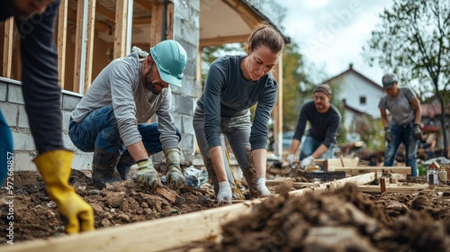 A group of neighbors rebuilding a house after a natural disaster, embodying the spirit of community support photo