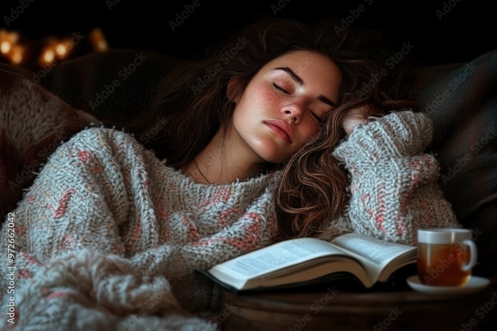 A peaceful scene featuring a woman in a cozy sweater comfortably reading a book with a warm cup of tea beside her, creating a perfect moment of relaxation and leisure. A peaceful scene featuring a woman in a cozy sweater comfortably reading a book with a warm cup of tea beside her, creating a perfect moment of relaxation and leisure.
