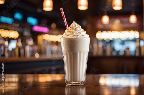 Milkshake with whipped cream in a glass on a bar counter