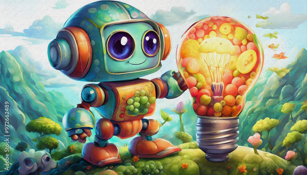 oil painting stylre CARTOON CHARACTER illustration CUTE robot eat eletric light bulb , isolated on white background, top view oil painting stylre CARTOON CHARACTER illustration CUTE robot eat eletric light bulb , isolated on white background, top view